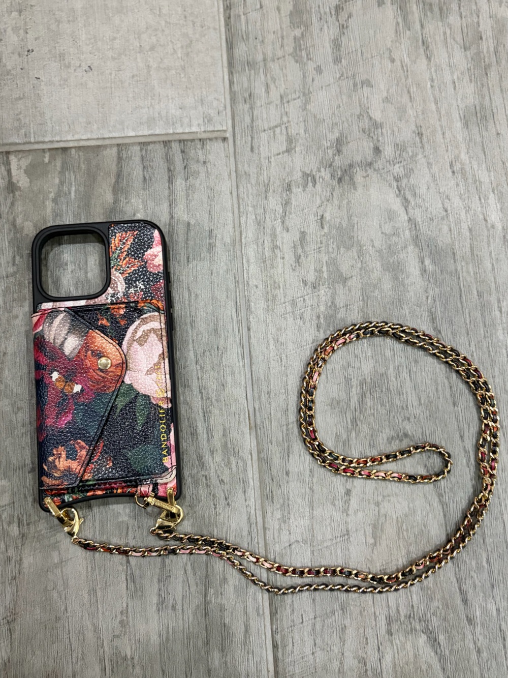Bandolier 16 Pro-Max IPhone Case Floral Multicolor Crossbody with Gold Chain